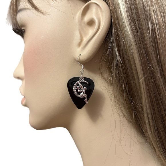 Repurposed Guitar Pick Earrings Hand Crafted Fairy on Midnight Moon - Picture 3 of 8